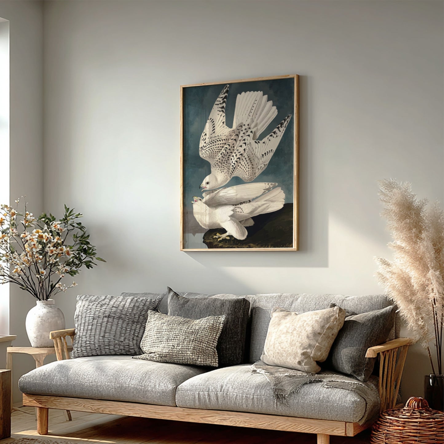 Iceland or Jer Falcon poster featuring white feathers and black markings, vintage art style for nature decor