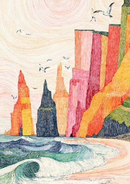 Vibrant coastal sea stacks poster with crashing waves and a pastel sky, textured line art style.
