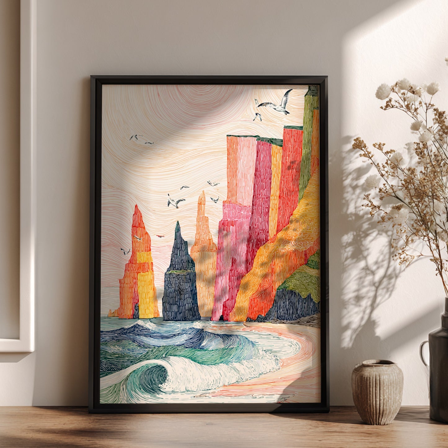 Vibrant coastal sea stacks poster with crashing waves and a pastel sky, textured line art style.