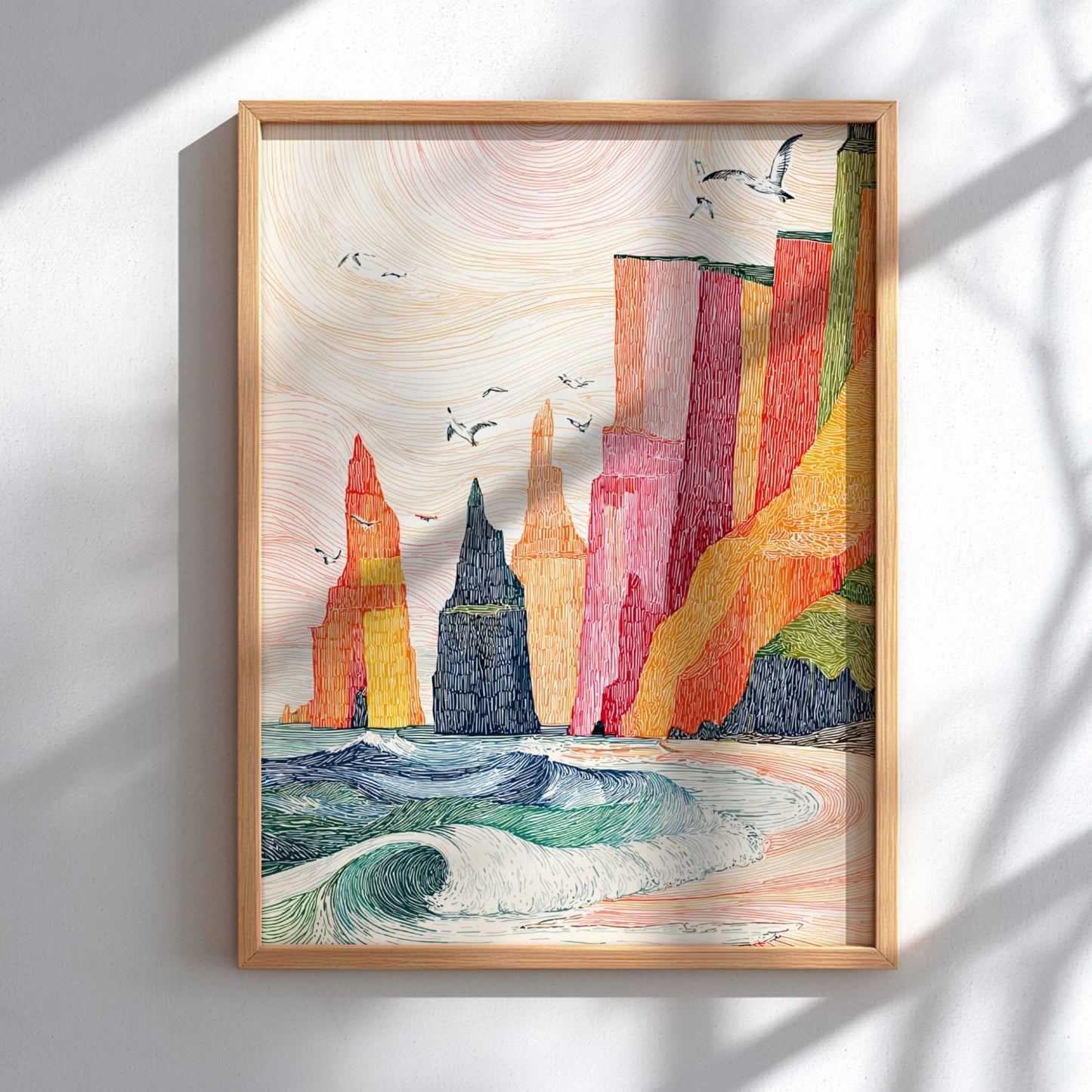 Vibrant coastal sea stacks poster with crashing waves and a pastel sky, textured line art style.