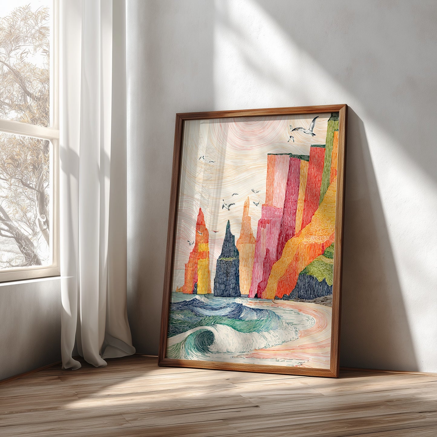 Vibrant coastal sea stacks poster with crashing waves and a pastel sky, textured line art style.