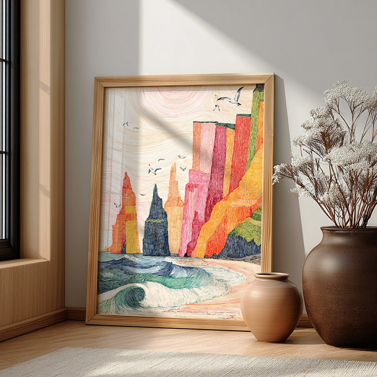 Vibrant coastal sea stacks poster with crashing waves and a pastel sky, textured line art style.