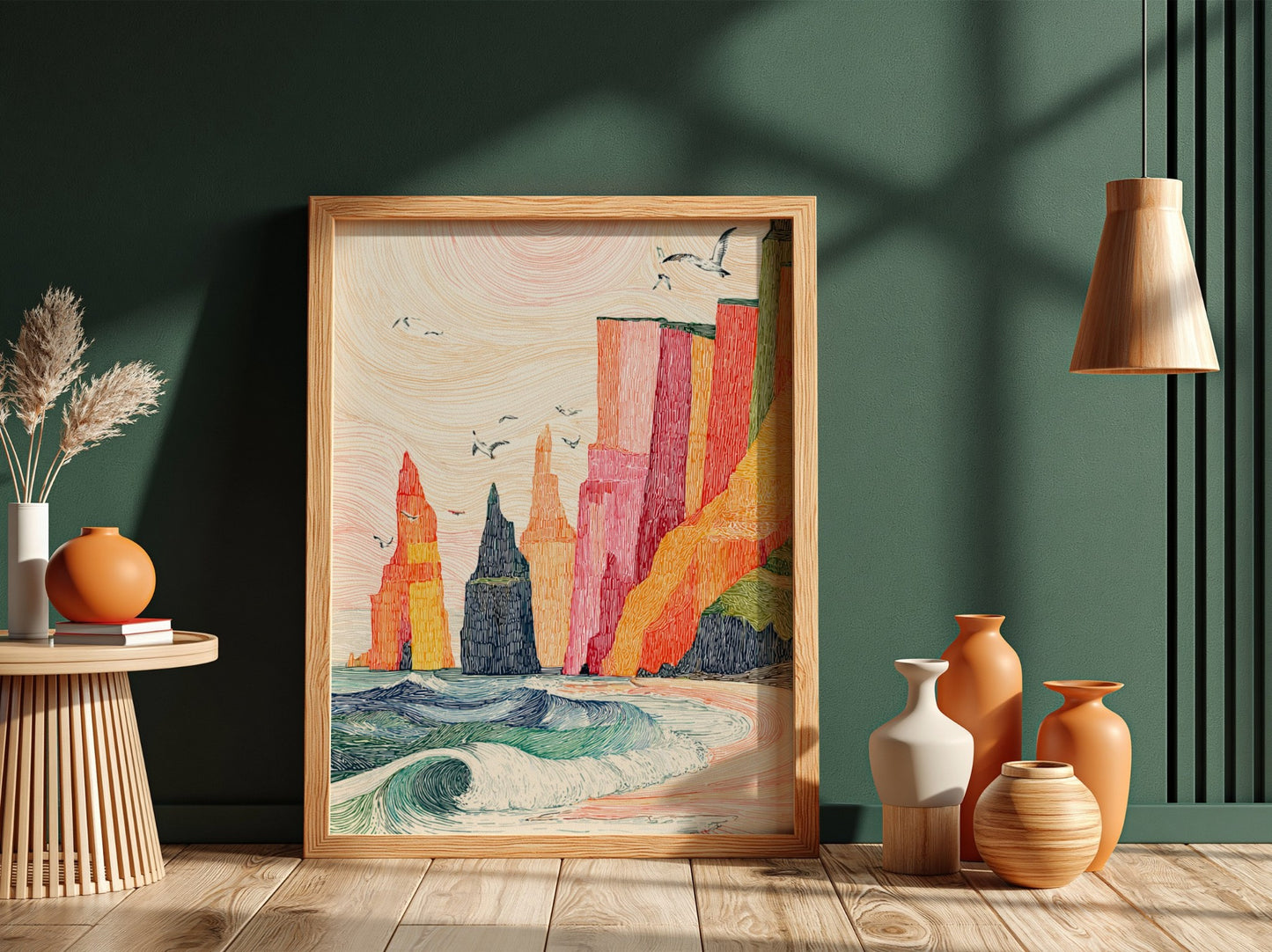 Vibrant coastal sea stacks poster with crashing waves and a pastel sky, textured line art style.