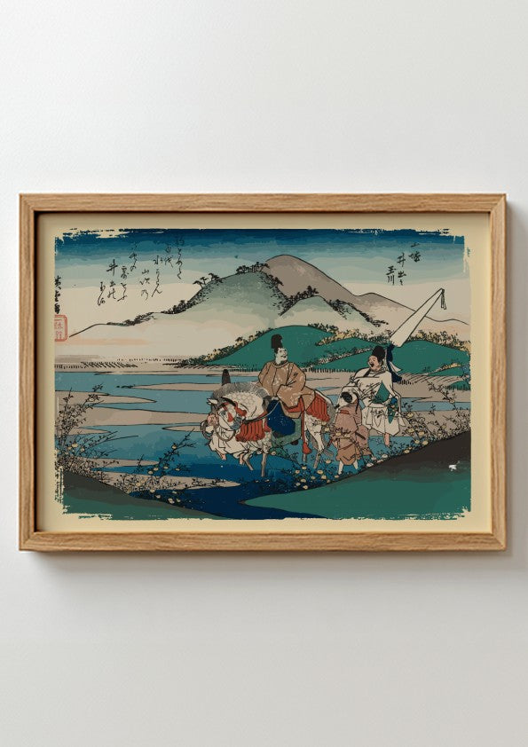 Japanese art poster featuring Ide Jewel River in Yamashiro Province, with serene colors and landscape details.