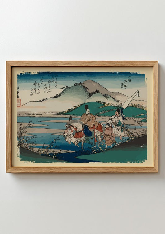 Japanese art poster featuring Ide Jewel River in Yamashiro Province, with serene colors and landscape details.