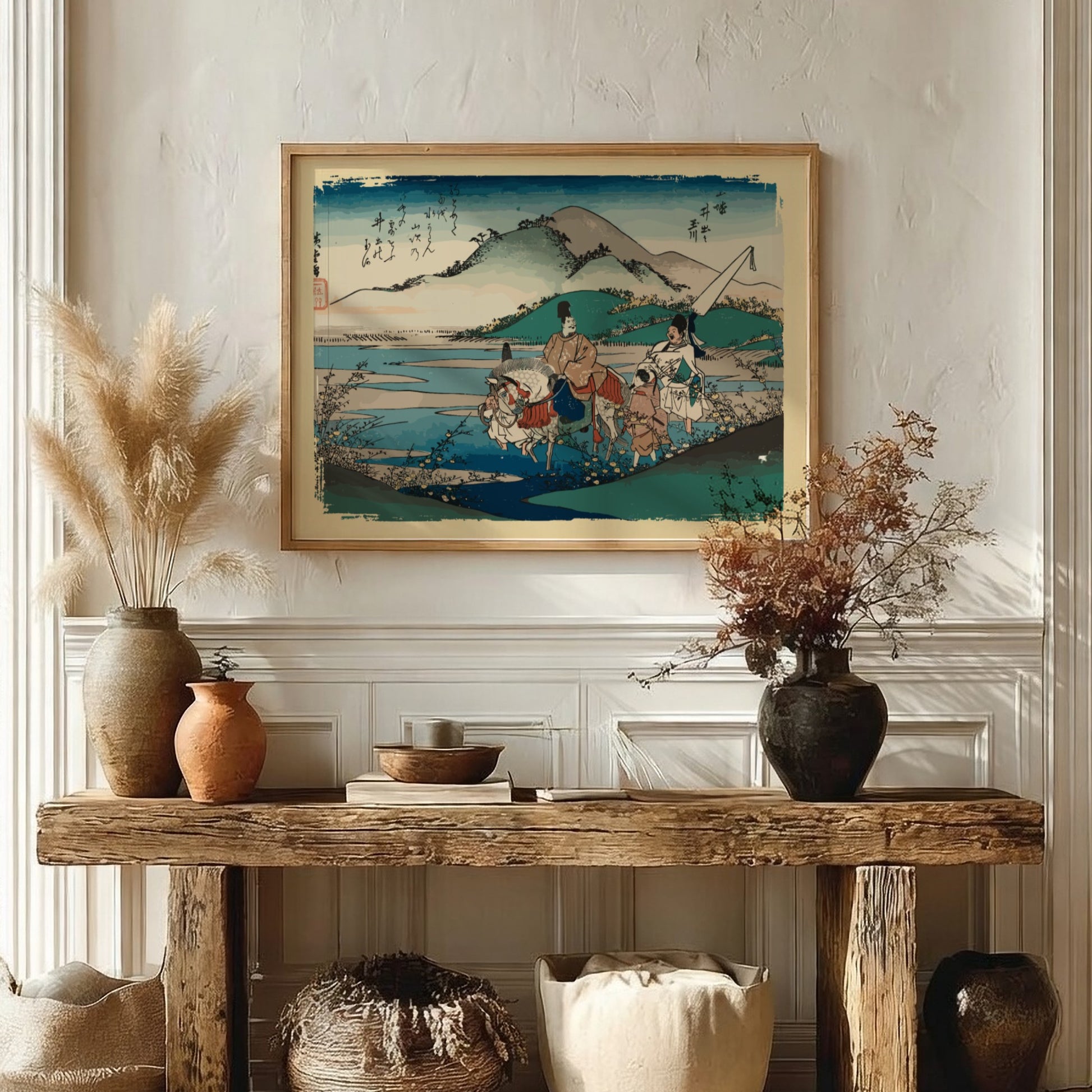 Japanese art poster featuring Ide Jewel River in Yamashiro Province, with serene colors and landscape details.