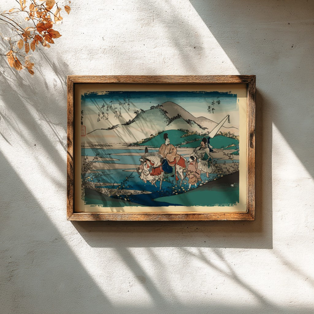 Japanese art poster featuring Ide Jewel River in Yamashiro Province, with serene colors and landscape details.