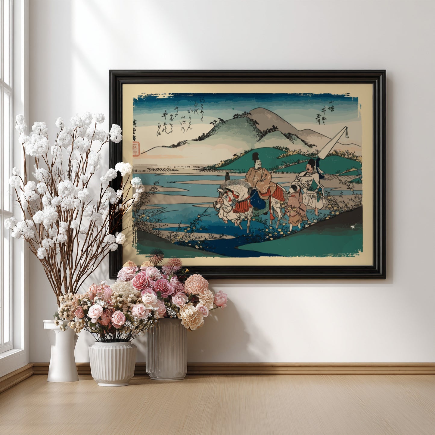 Japanese art poster featuring Ide Jewel River in Yamashiro Province, with serene colors and landscape details.