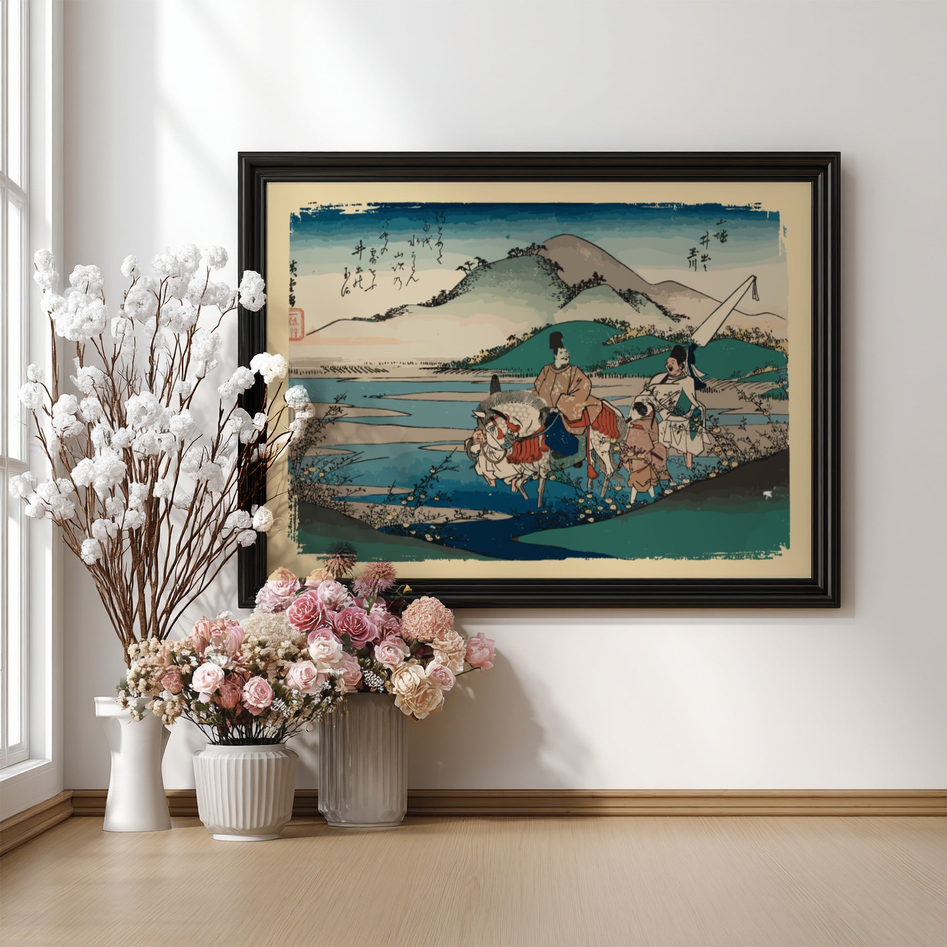 Japanese art poster featuring Ide Jewel River in Yamashiro Province, with serene colors and landscape details.