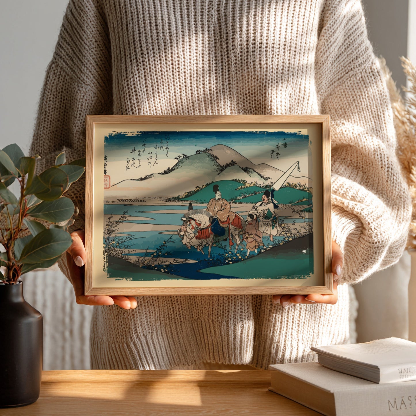 Japanese art poster featuring Ide Jewel River in Yamashiro Province, with serene colors and landscape details.