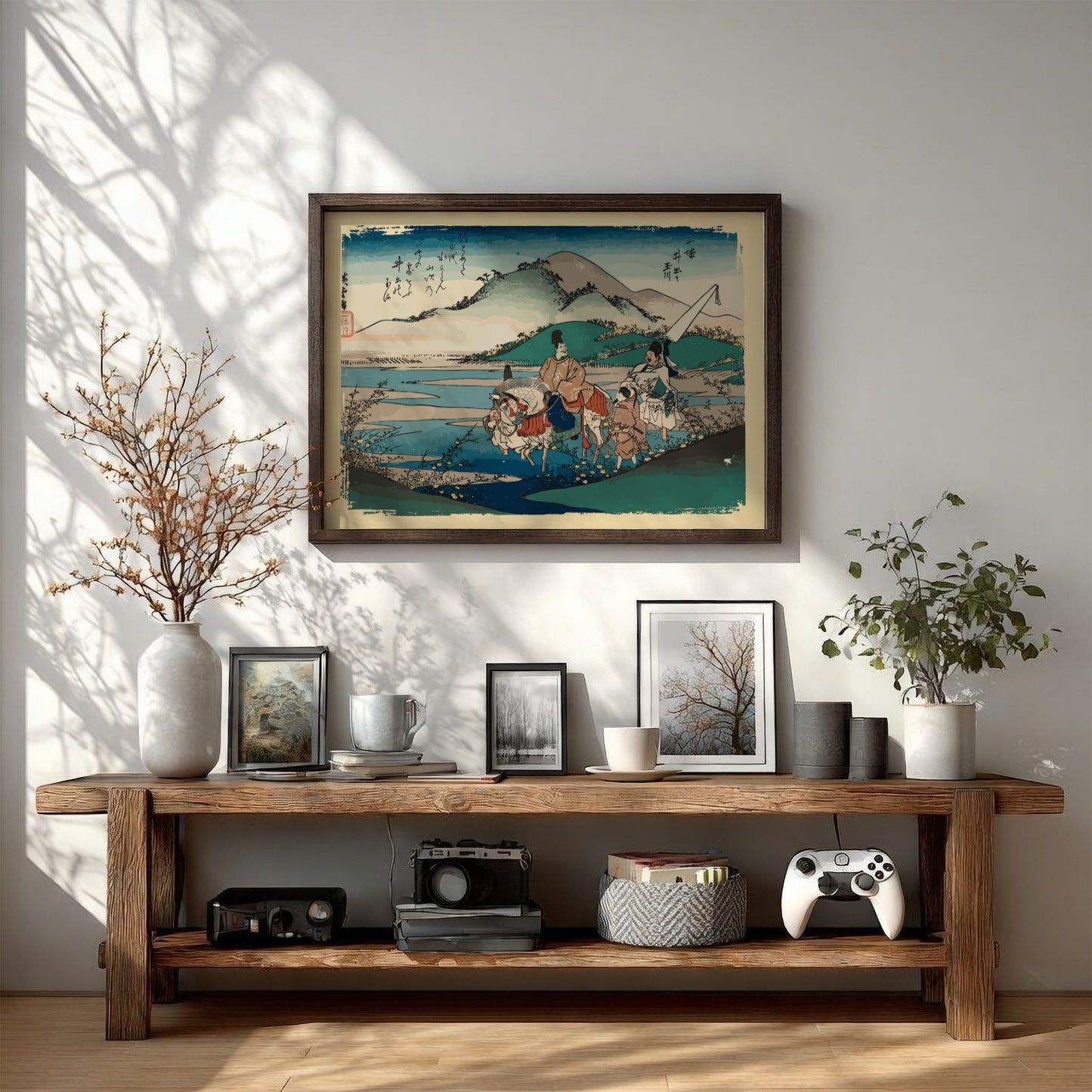 Japanese art poster featuring Ide Jewel River in Yamashiro Province, with serene colors and landscape details.