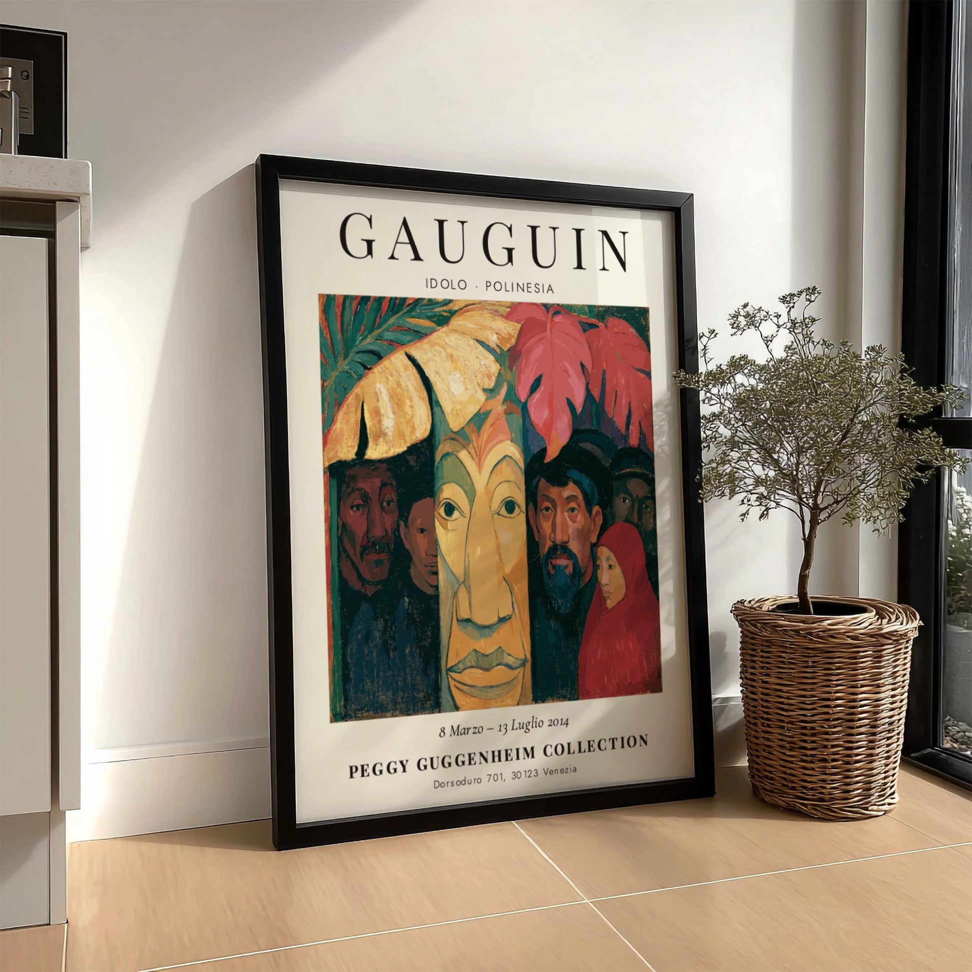 Gauguin exhibition poster featuring Idolo Polinesia with vibrant colors and expressive forms
