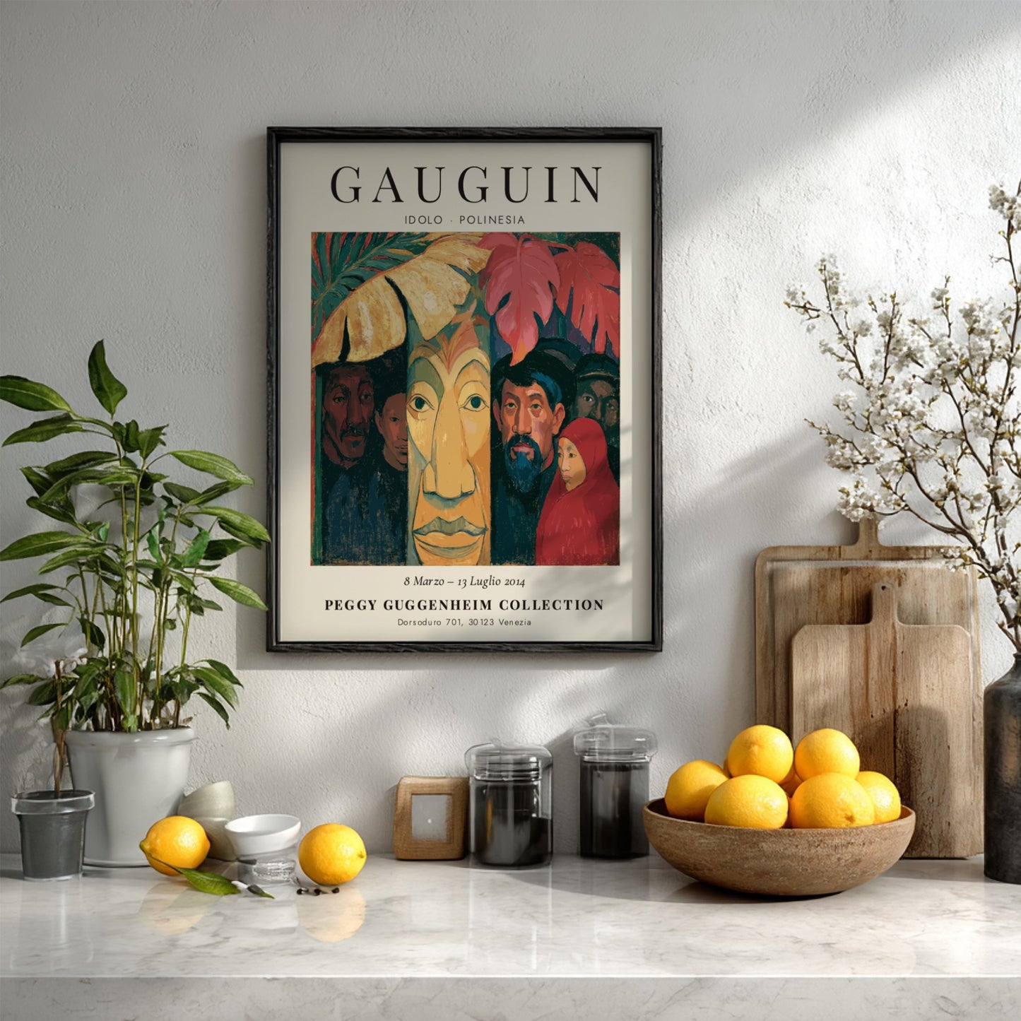 Gauguin exhibition poster featuring Idolo Polinesia with vibrant colors and expressive forms