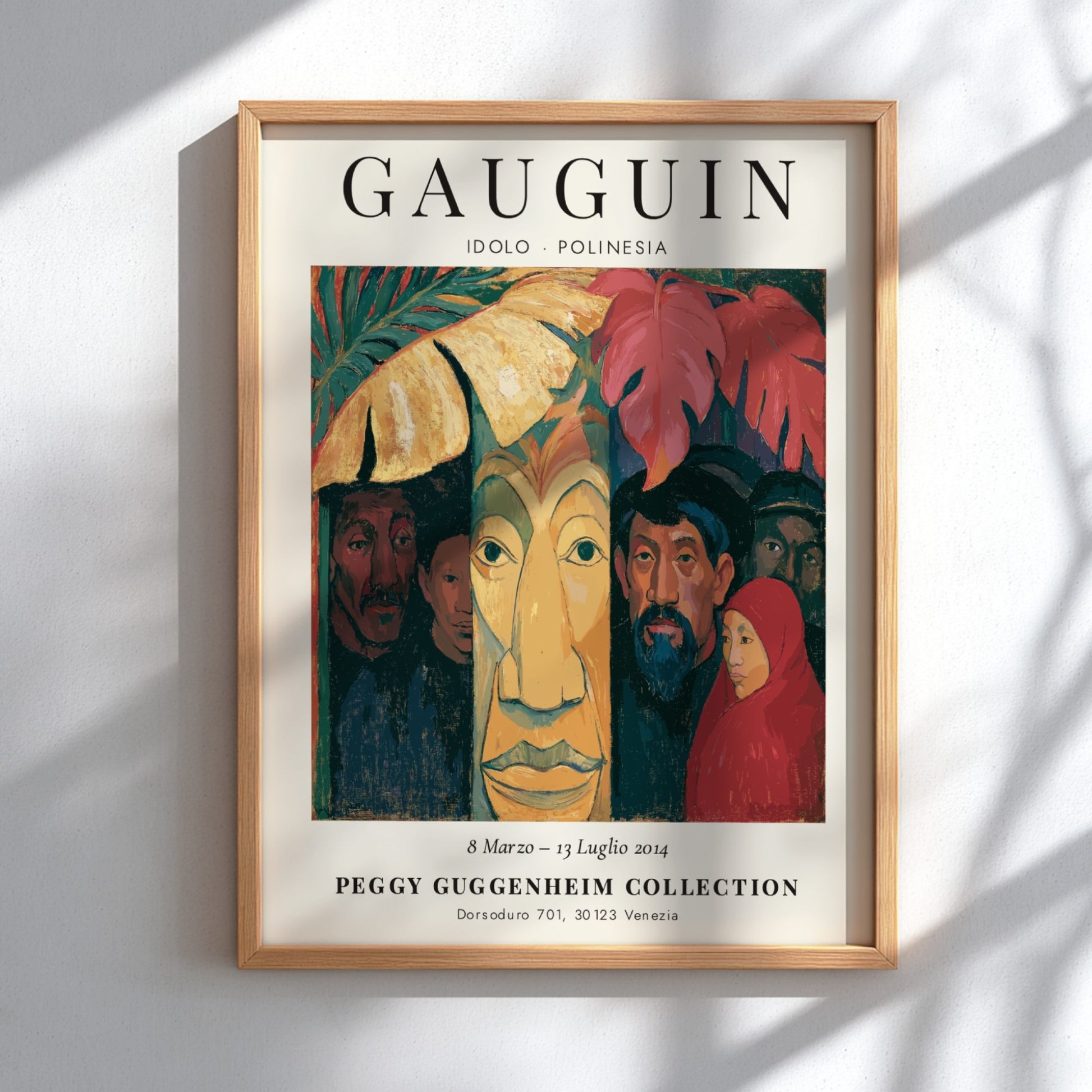 Gauguin exhibition poster featuring Idolo Polinesia with vibrant colors and expressive forms