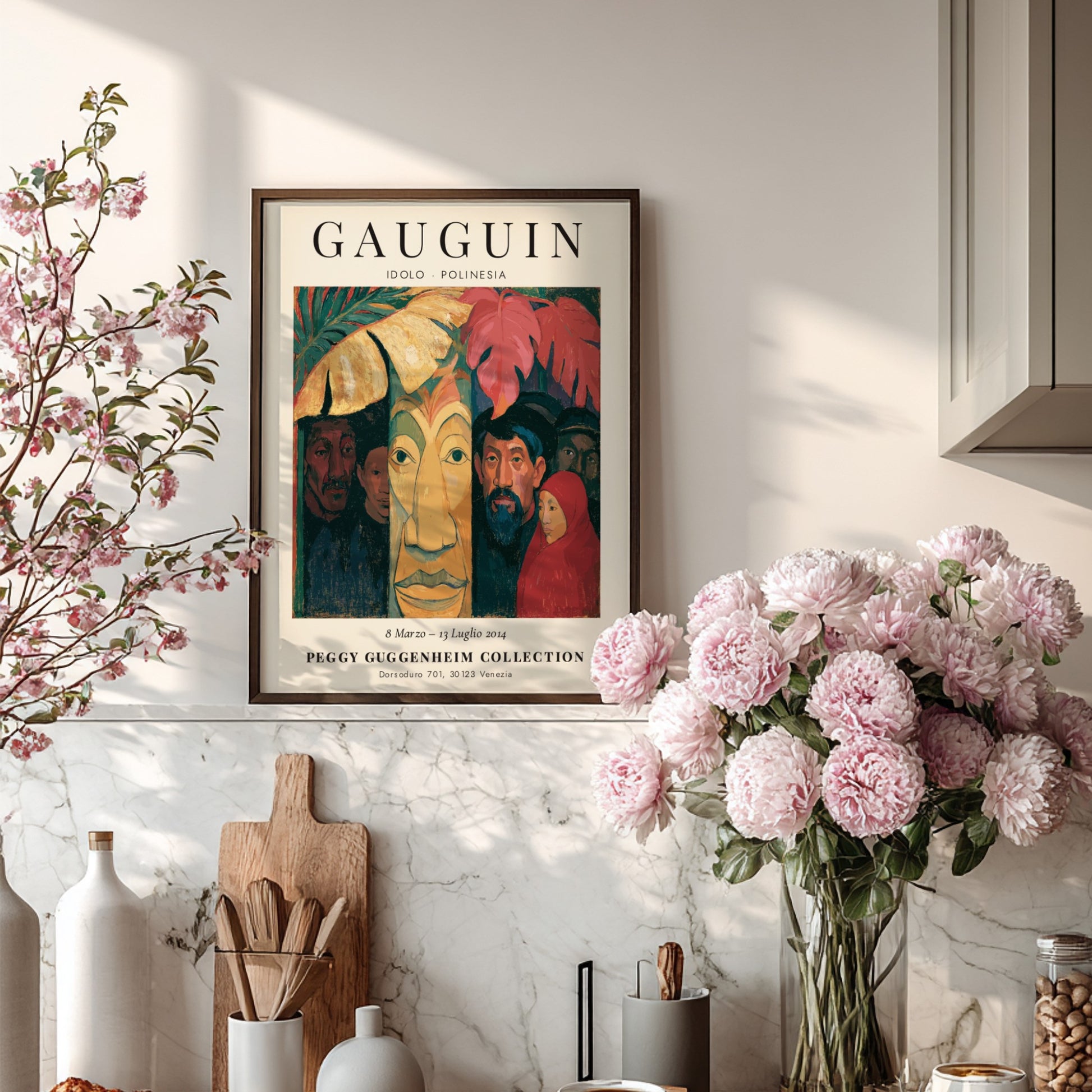Gauguin exhibition poster featuring Idolo Polinesia with vibrant colors and expressive forms