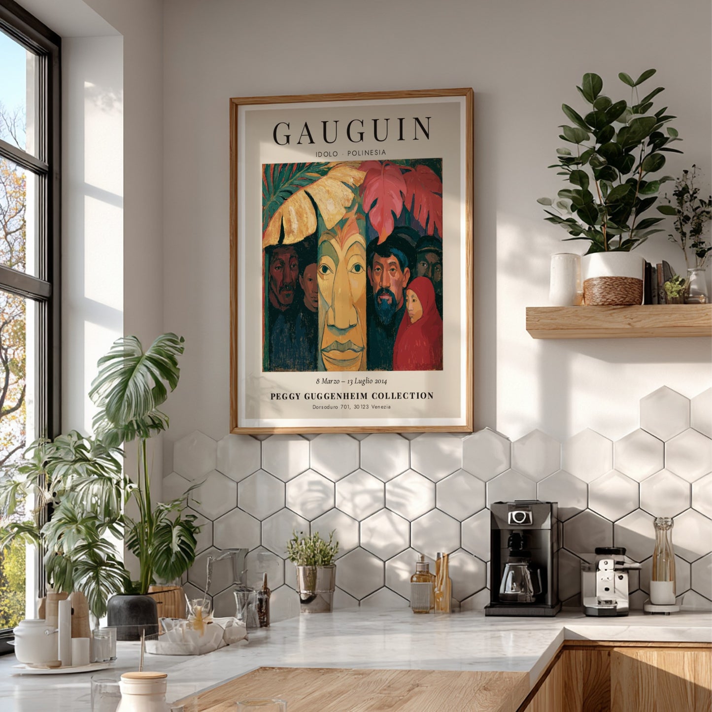 Gauguin exhibition poster featuring Idolo Polinesia with vibrant colors and expressive forms