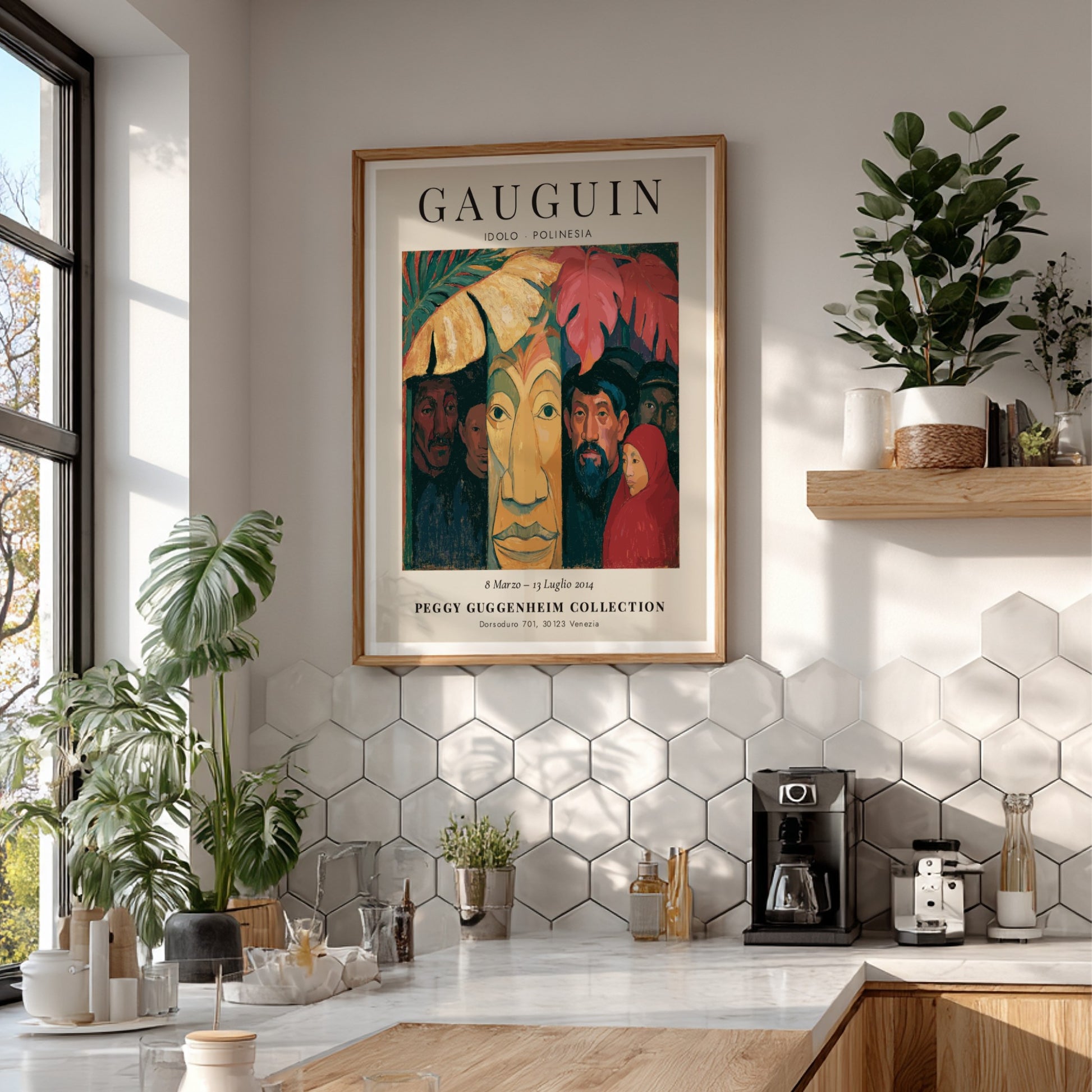 Gauguin exhibition poster featuring Idolo Polinesia with vibrant colors and expressive forms