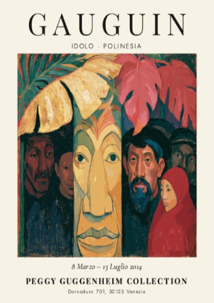 Gauguin exhibition poster featuring Idolo Polinesia with vibrant colors and expressive forms