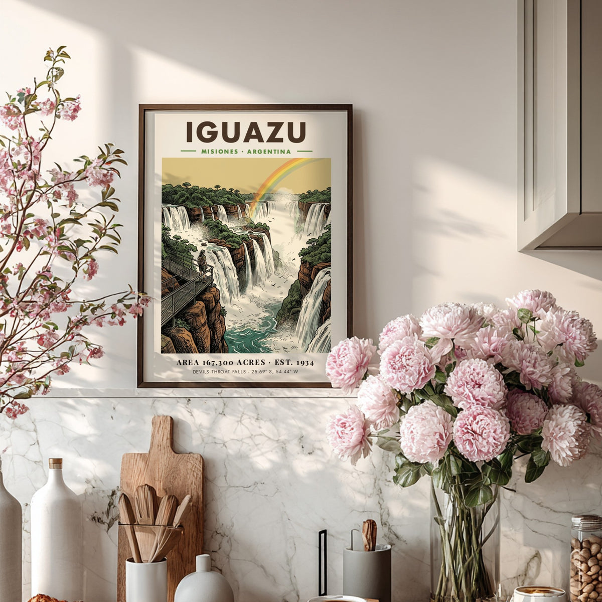 Poster of Iguazu Falls in Argentina featuring lush greenery and a rainbow landscape.