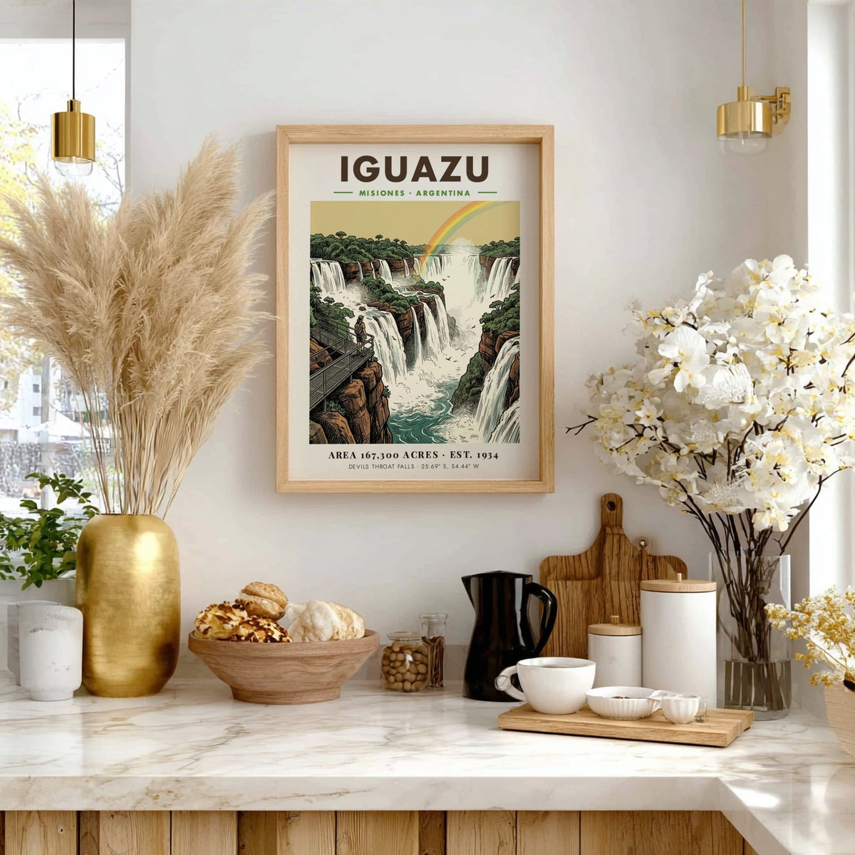 Poster of Iguazu Falls in Argentina featuring lush greenery and a rainbow landscape.
