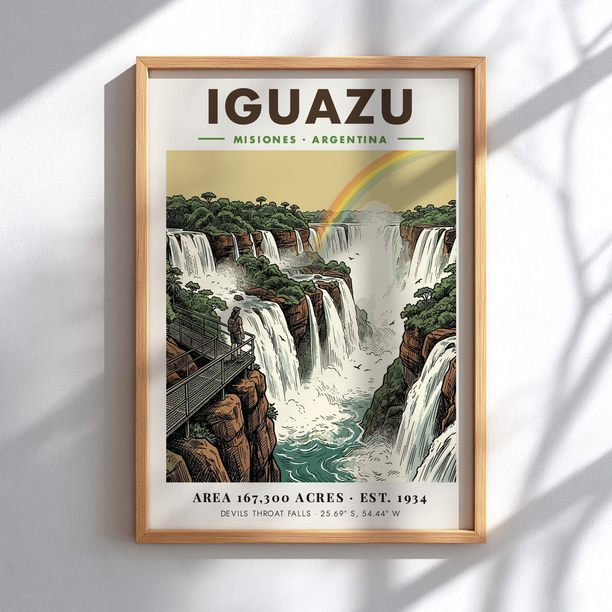 Poster of Iguazu Falls in Argentina featuring lush greenery and a rainbow landscape.