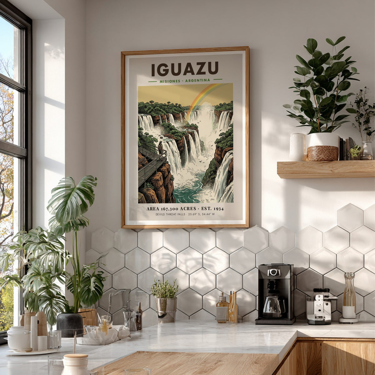 Poster of Iguazu Falls in Argentina featuring lush greenery and a rainbow landscape.