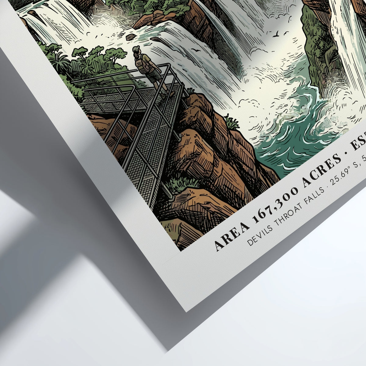 Poster of Iguazu Falls in Argentina featuring lush greenery and a rainbow landscape.