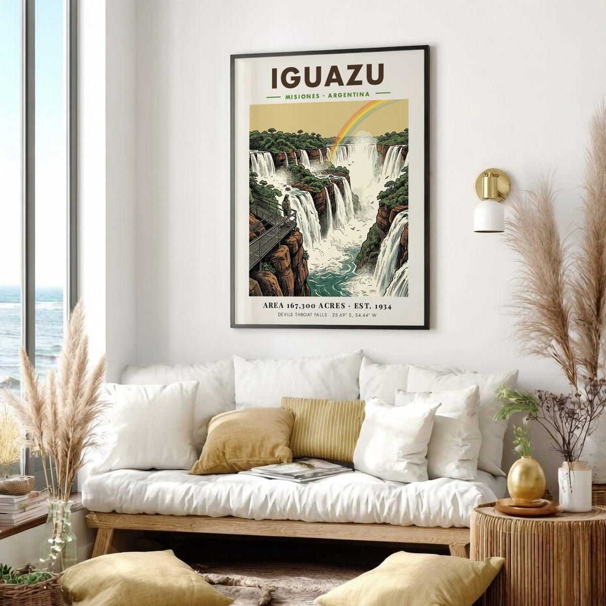 Poster of Iguazu Falls in Argentina featuring lush greenery and a rainbow landscape.
