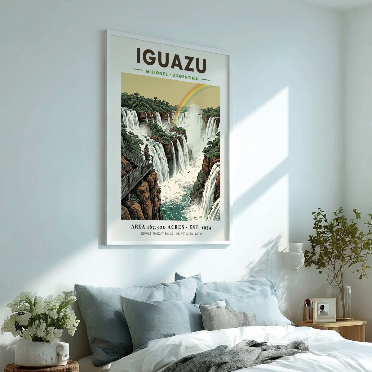 Poster of Iguazu Falls in Argentina featuring lush greenery and a rainbow landscape.