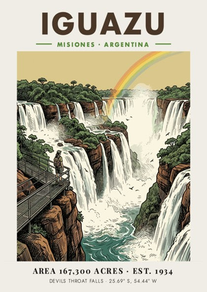 Poster of Iguazu Falls in Argentina featuring lush greenery and a rainbow landscape.