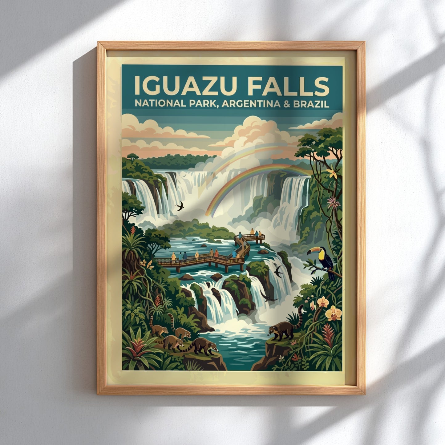 South America travel poster featuring Iguazu Falls with rainbows, coatis, toucans, and lush greenery.