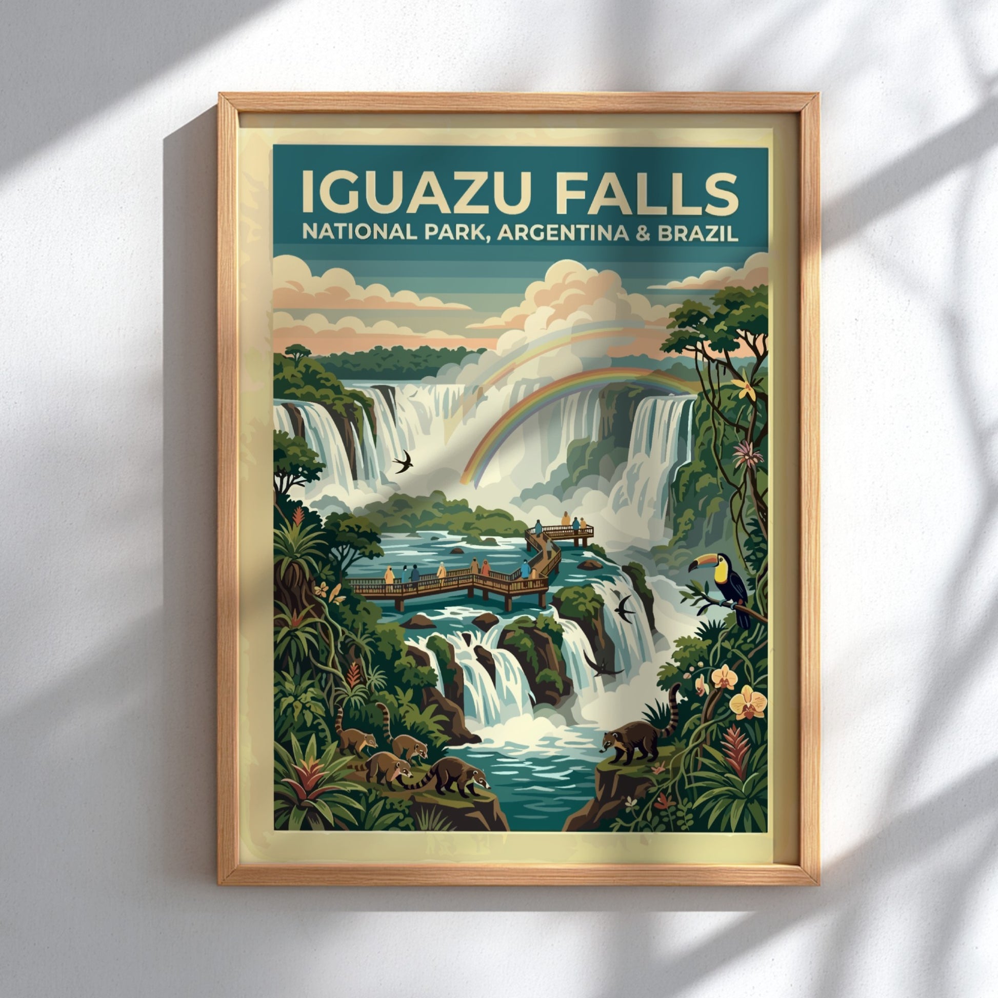 South America travel poster featuring Iguazu Falls with rainbows, coatis, toucans, and lush greenery.
