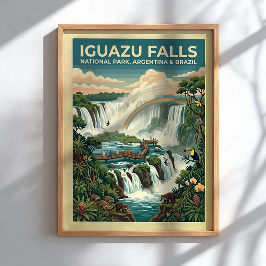 South America travel poster featuring Iguazu Falls with rainbows, coatis, toucans, and lush greenery.