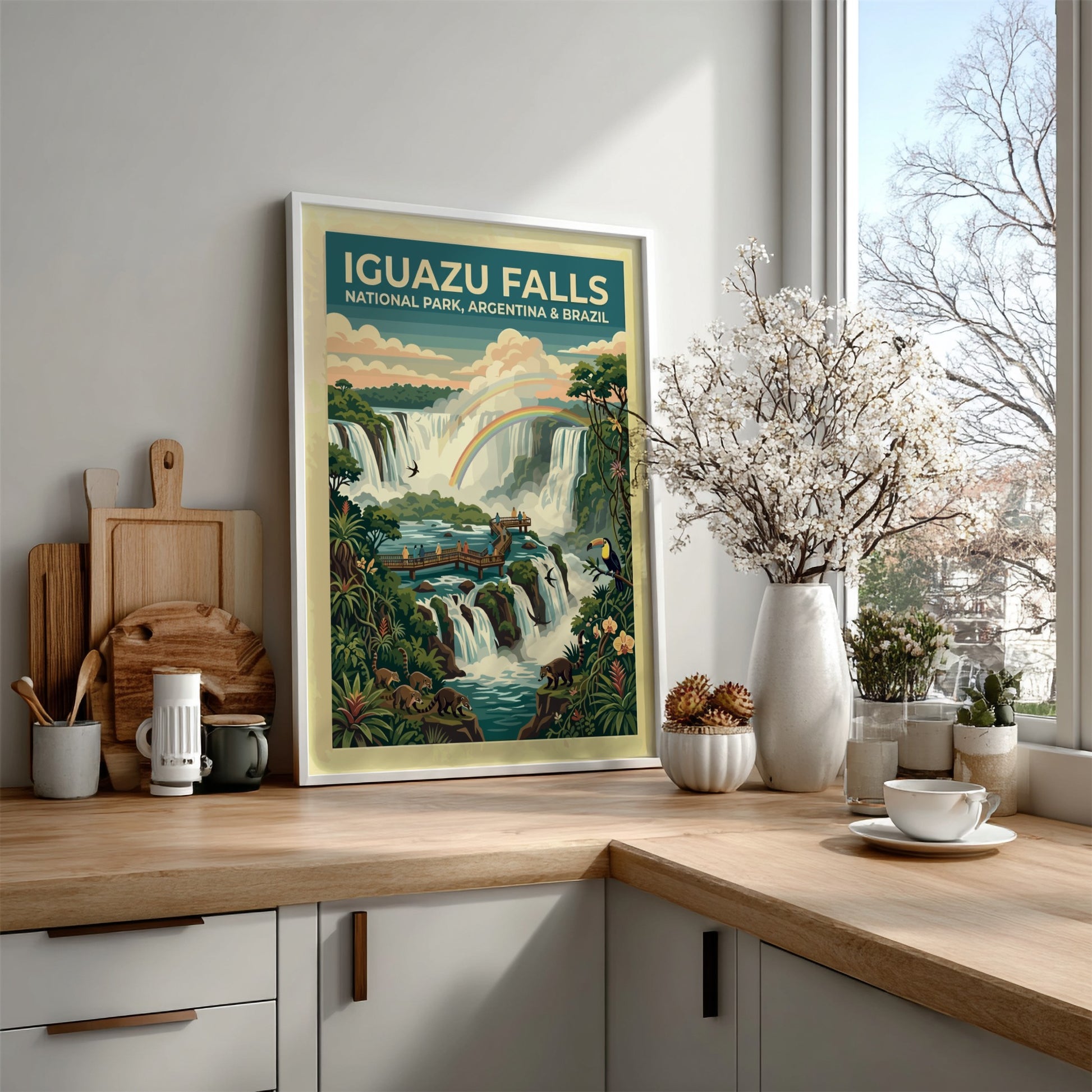 South America travel poster featuring Iguazu Falls with rainbows, coatis, toucans, and lush greenery.