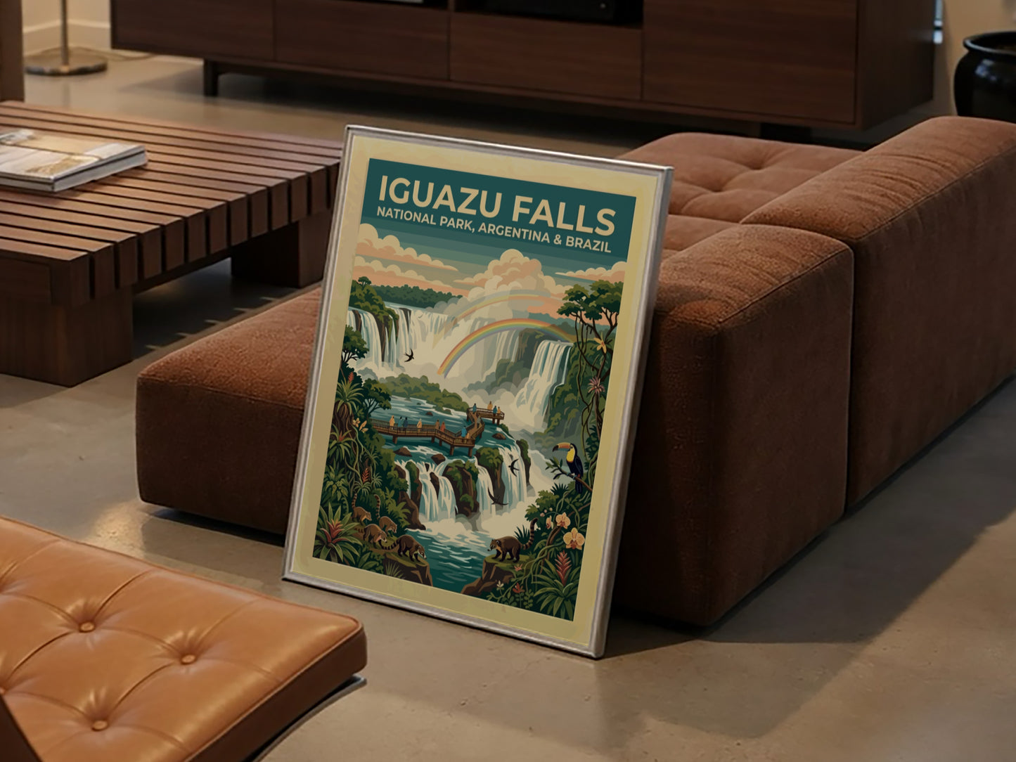 South America travel poster featuring Iguazu Falls with rainbows, coatis, toucans, and lush greenery.