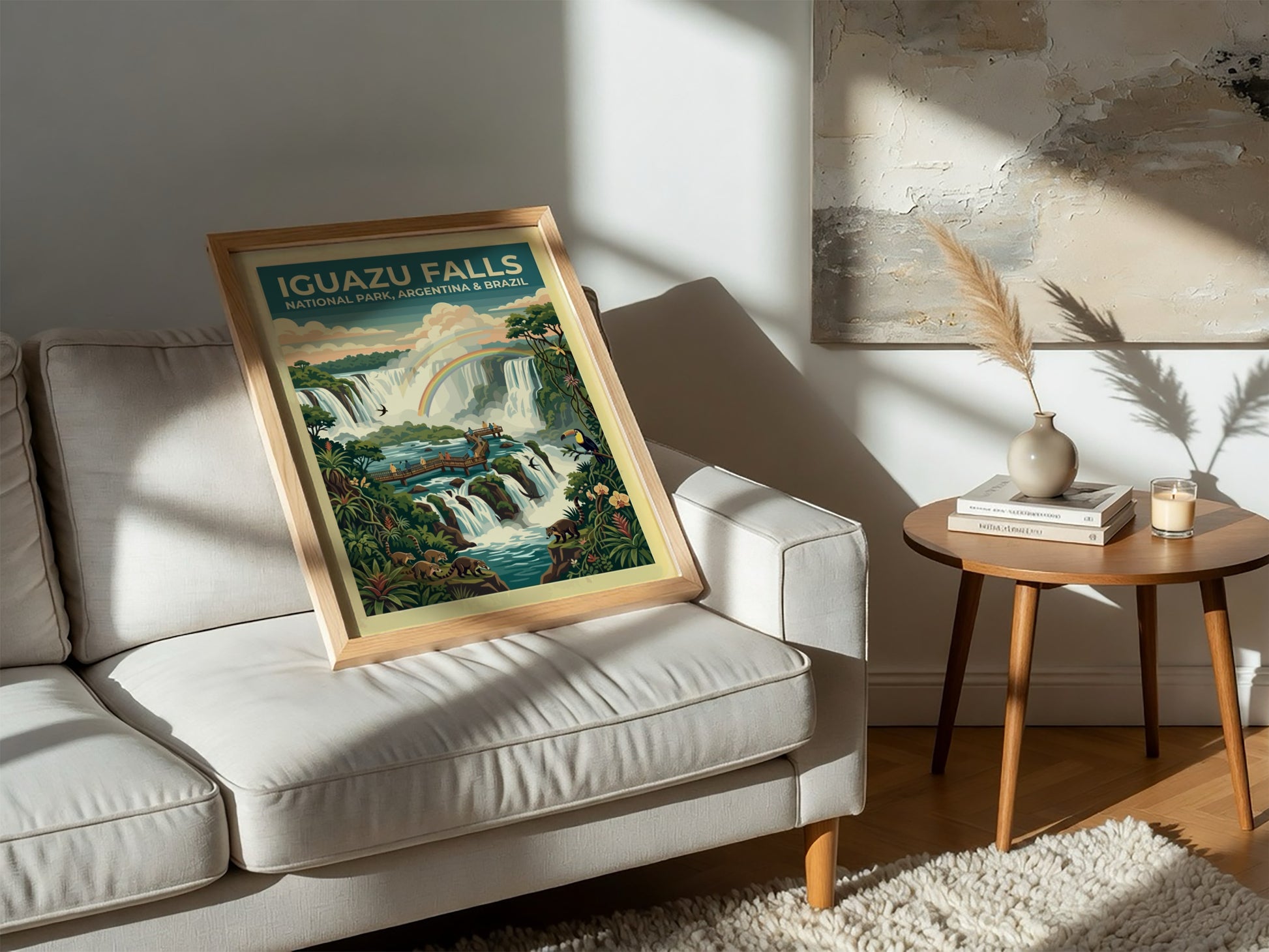 South America travel poster featuring Iguazu Falls with rainbows, coatis, toucans, and lush greenery.