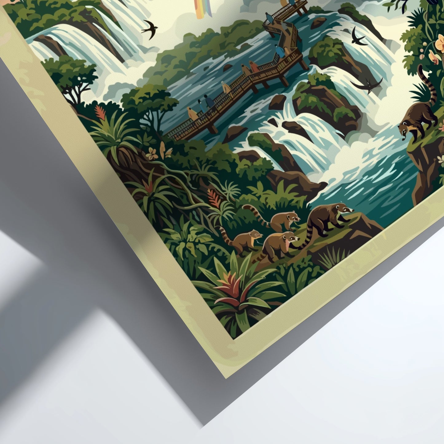 South America travel poster featuring Iguazu Falls with rainbows, coatis, toucans, and lush greenery.
