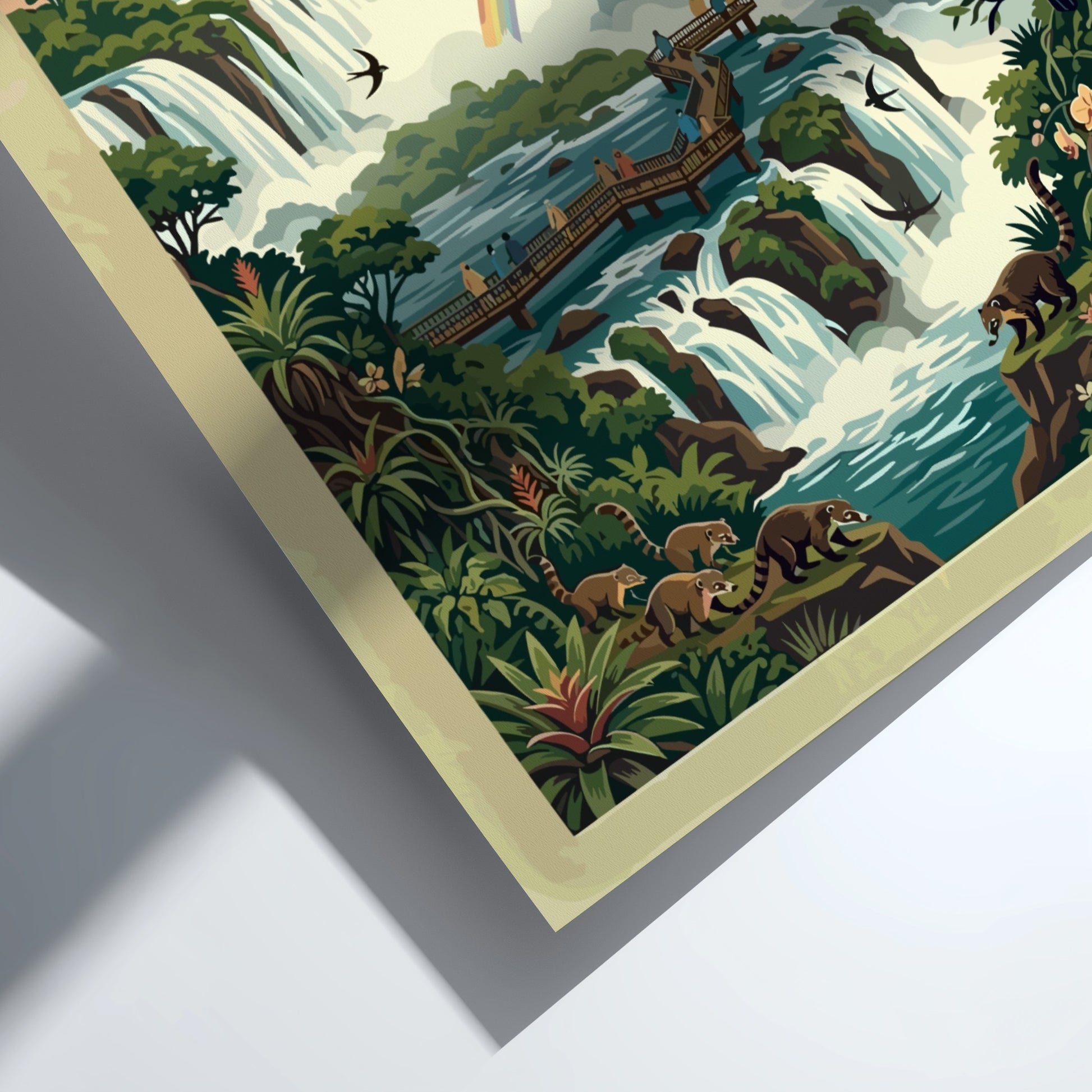 South America travel poster featuring Iguazu Falls with rainbows, coatis, toucans, and lush greenery.