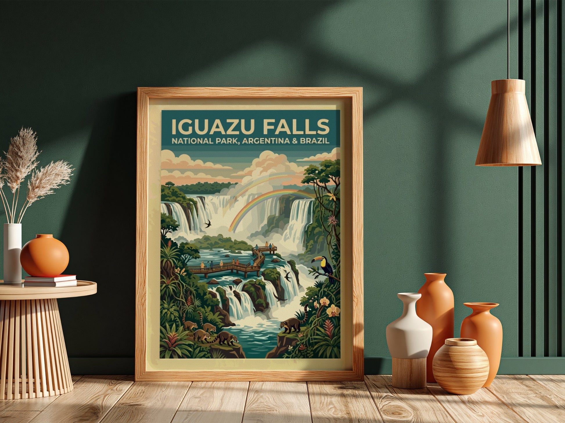 South America travel poster featuring Iguazu Falls with rainbows, coatis, toucans, and lush greenery.