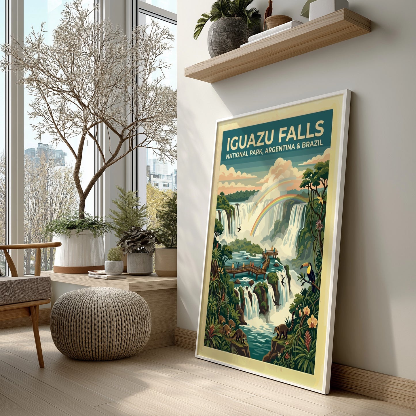 South America travel poster featuring Iguazu Falls with rainbows, coatis, toucans, and lush greenery.