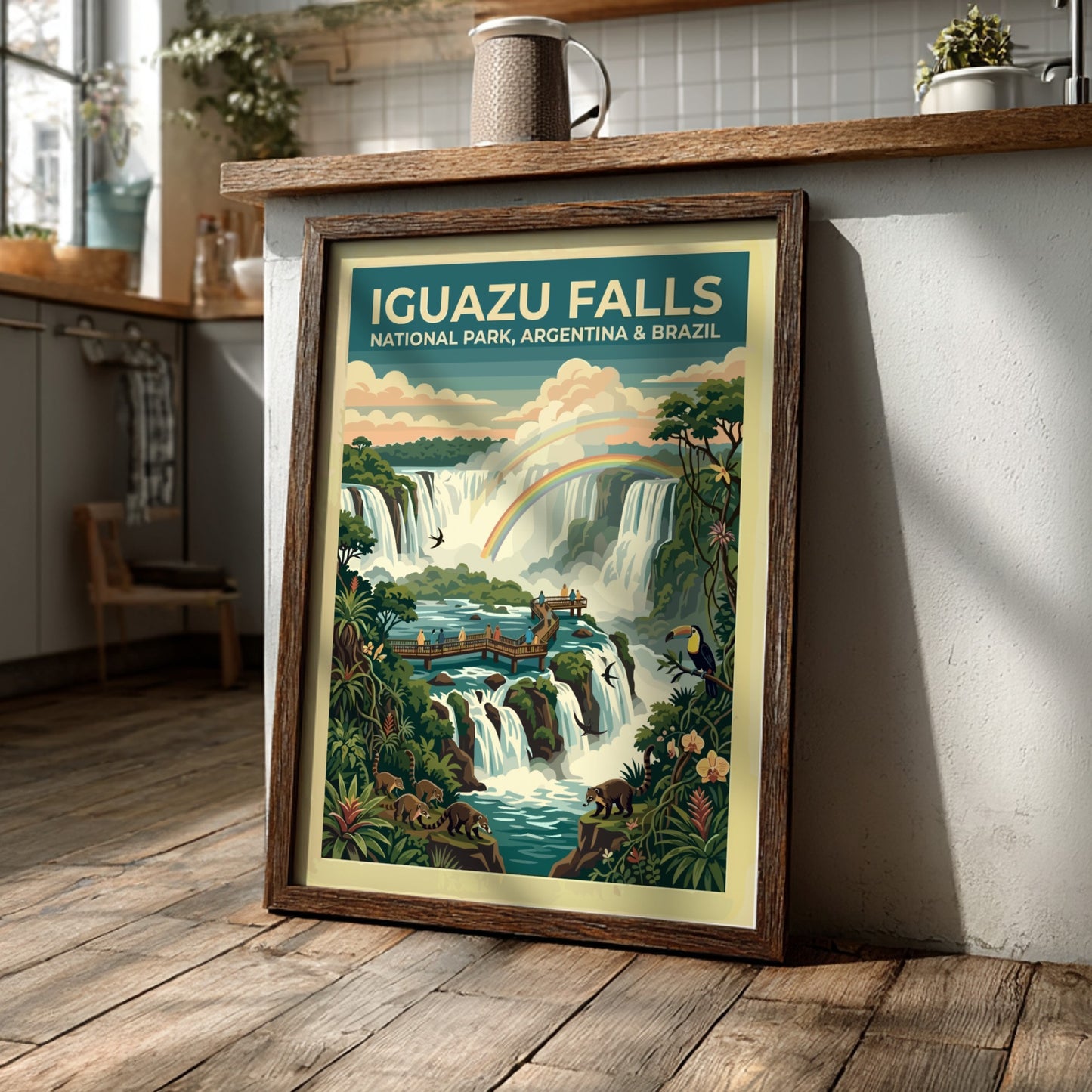 South America travel poster featuring Iguazu Falls with rainbows, coatis, toucans, and lush greenery.