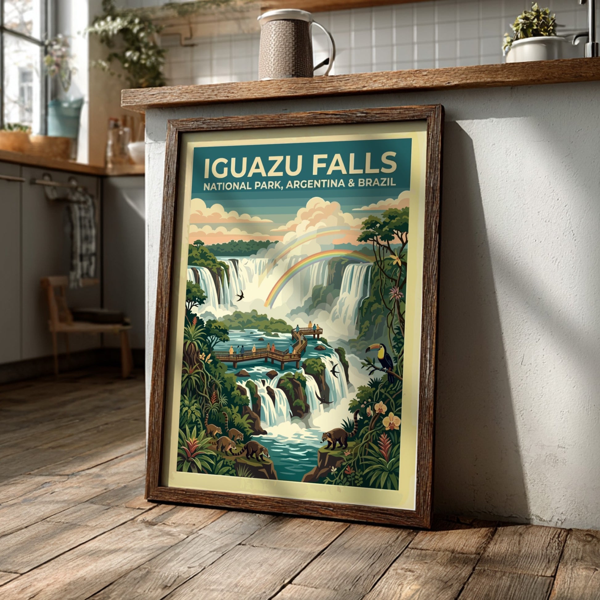South America travel poster featuring Iguazu Falls with rainbows, coatis, toucans, and lush greenery.