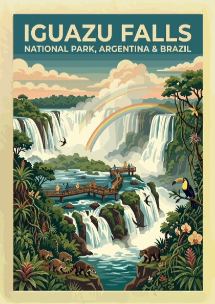 South America travel poster featuring Iguazu Falls with rainbows, coatis, toucans, and lush greenery.