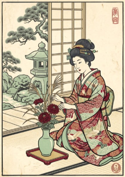 Japanese art style poster featuring a woman arranging flowers in a garden