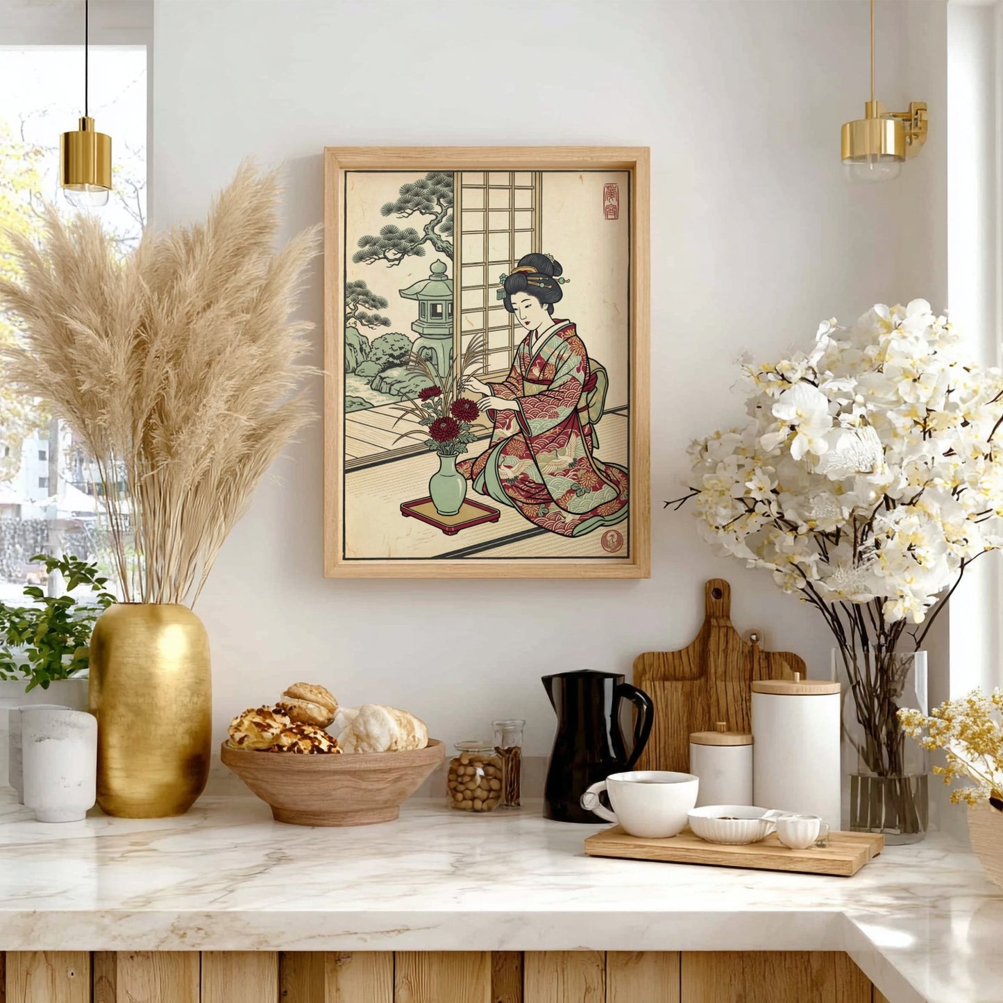 Japanese art style poster featuring a woman arranging flowers in a garden