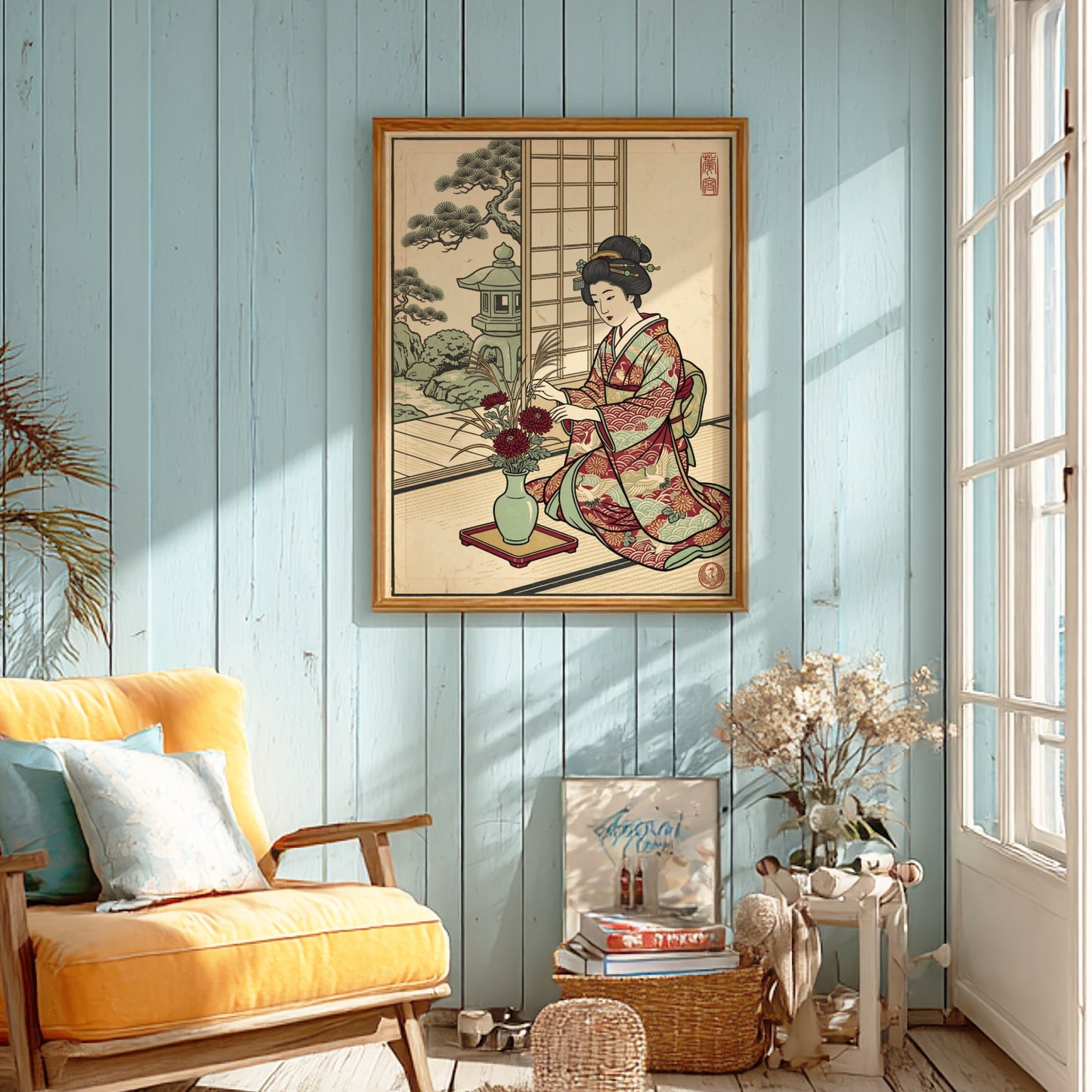 Japanese art style poster featuring a woman arranging flowers in a garden