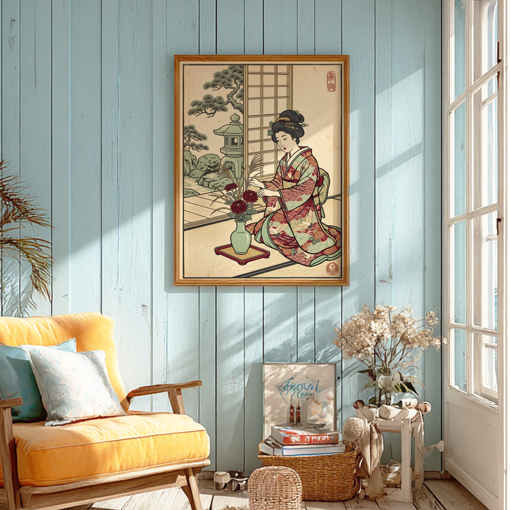 Japanese art style poster featuring a woman arranging flowers in a garden