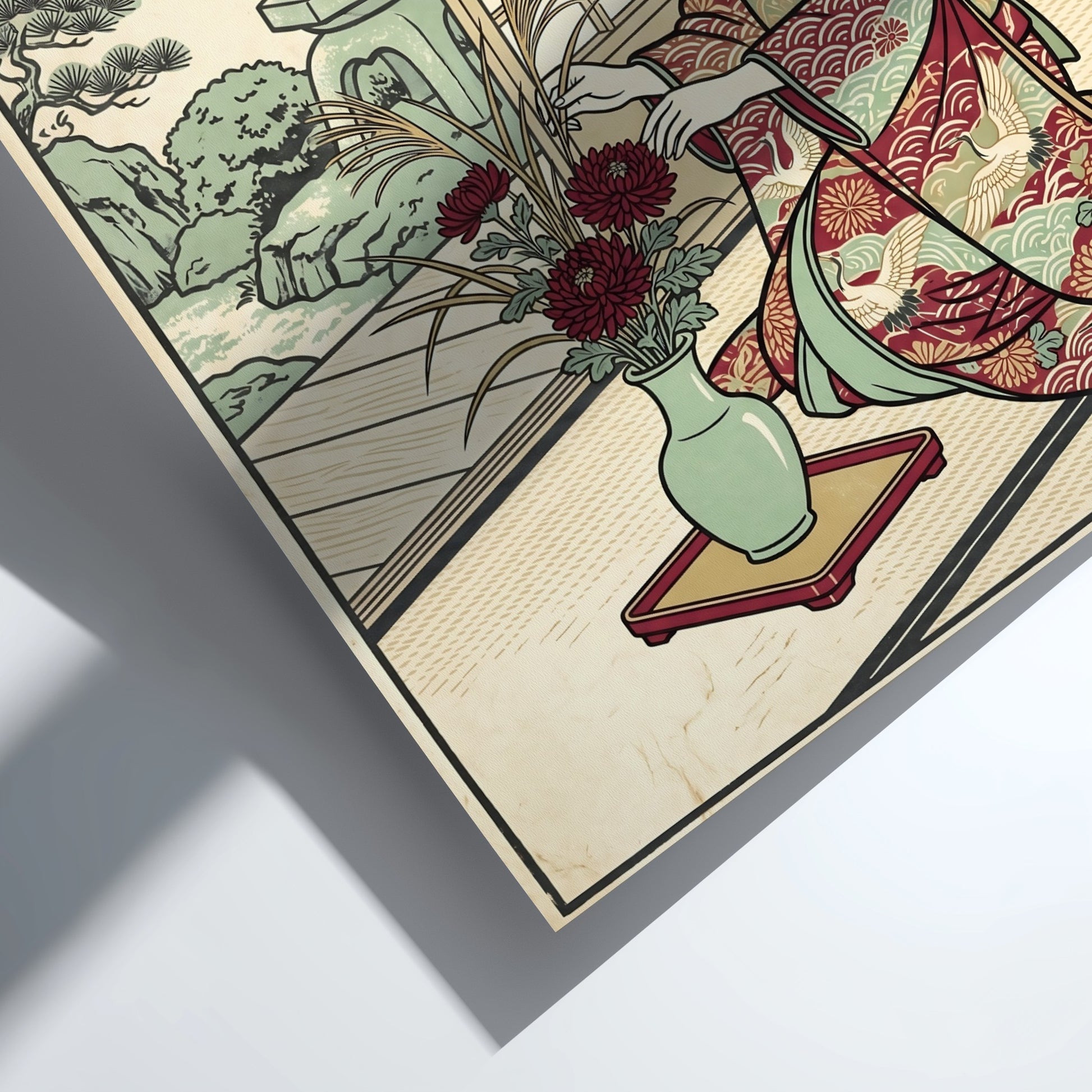 Japanese art style poster featuring a woman arranging flowers in a garden