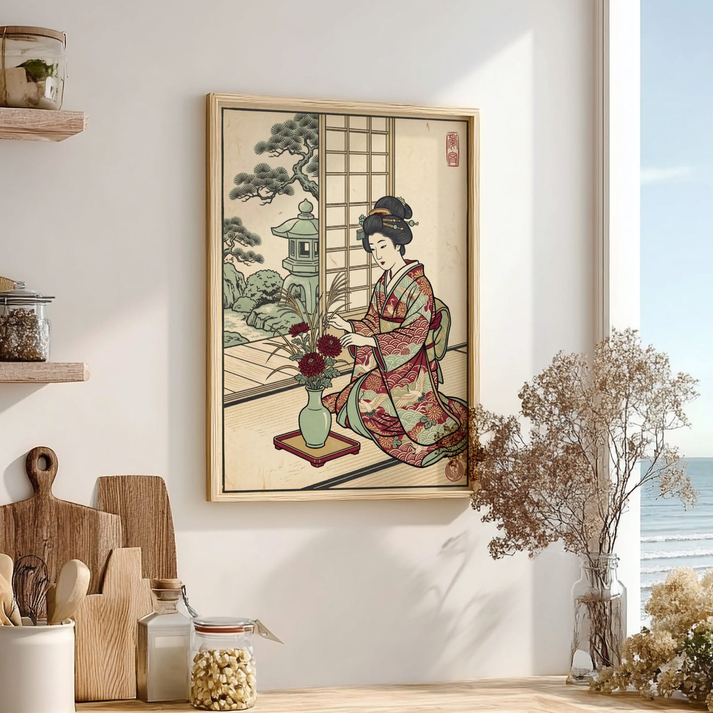 Japanese art style poster featuring a woman arranging flowers in a garden