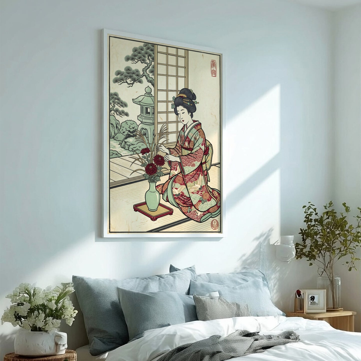 Japanese art style poster featuring a woman arranging flowers in a garden